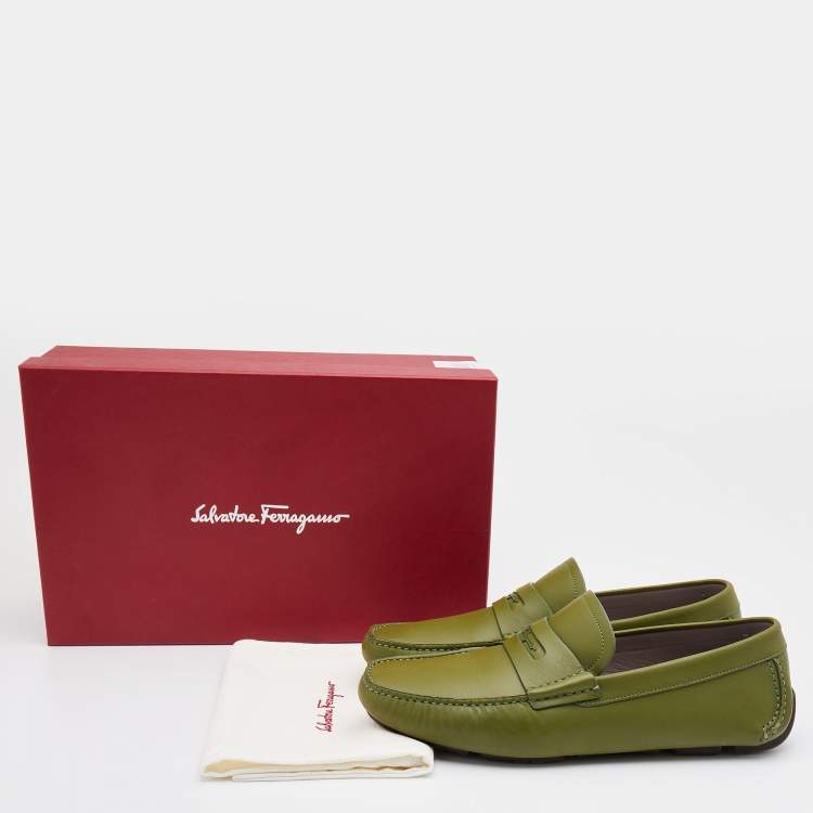 Pre Owned Salvatore Ferragamo Green Leather Slip On Loafers Size 42