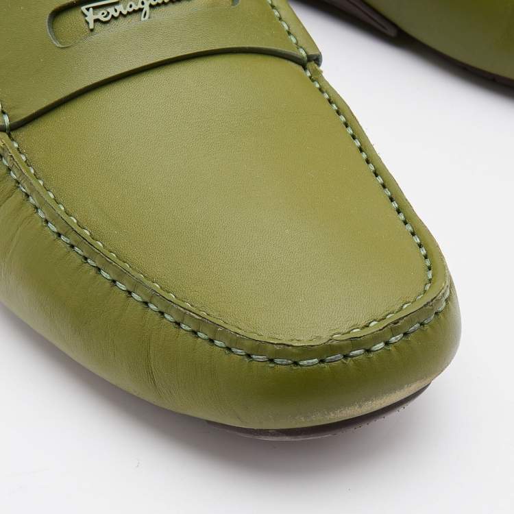 Pre Owned Salvatore Ferragamo Green Leather Slip On Loafers Size 42