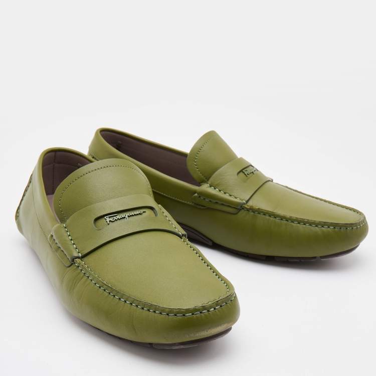 Pre Owned Salvatore Ferragamo Green Leather Slip On Loafers Size 42