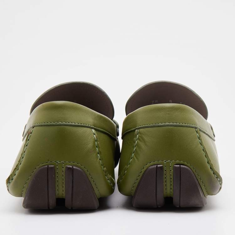 Pre Owned Salvatore Ferragamo Green Leather Slip On Loafers Size 42