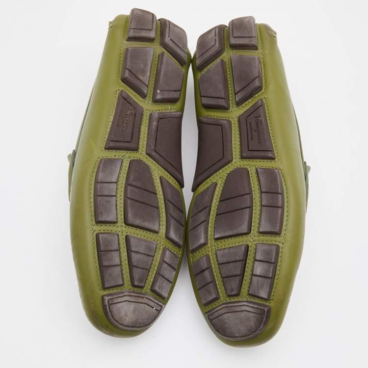 Pre Owned Salvatore Ferragamo Green Leather Slip On Loafers Size 42
