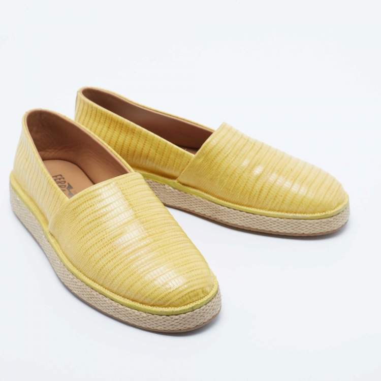 Pre Owned Salvatore Ferragamo Yellow Lizard Lampedusa Espadrille Flats Size 42.5