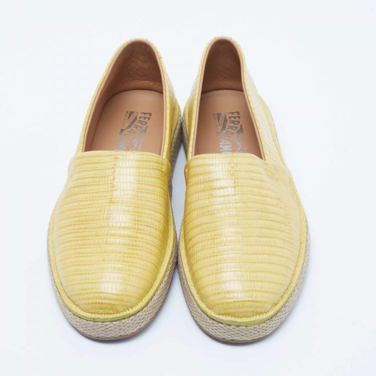 Pre Owned Salvatore Ferragamo Yellow Lizard Lampedusa Espadrille Flats Size 42.5