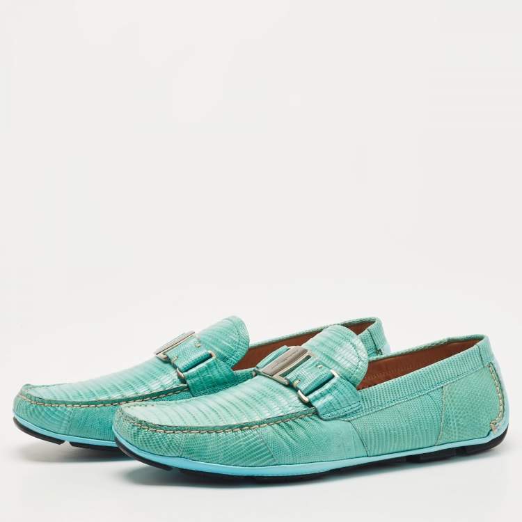 Pre Owned Salvatore Ferragamo Light Blue Lizard Sardegna Loafers Size 43