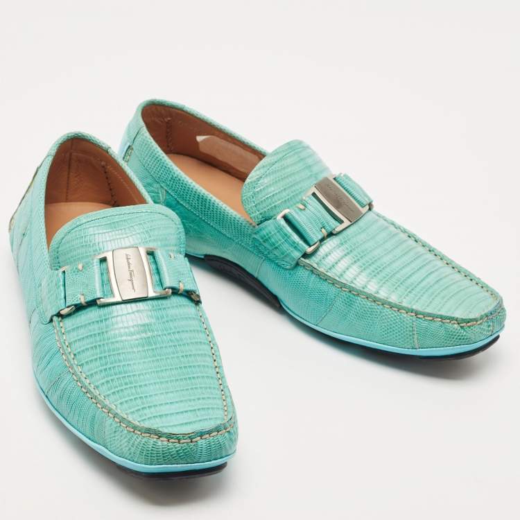 Pre Owned Salvatore Ferragamo Light Blue Lizard Sardegna Loafers Size 43
