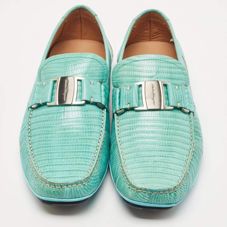 Pre Owned Salvatore Ferragamo Light Blue Lizard Sardegna Loafers Size 43