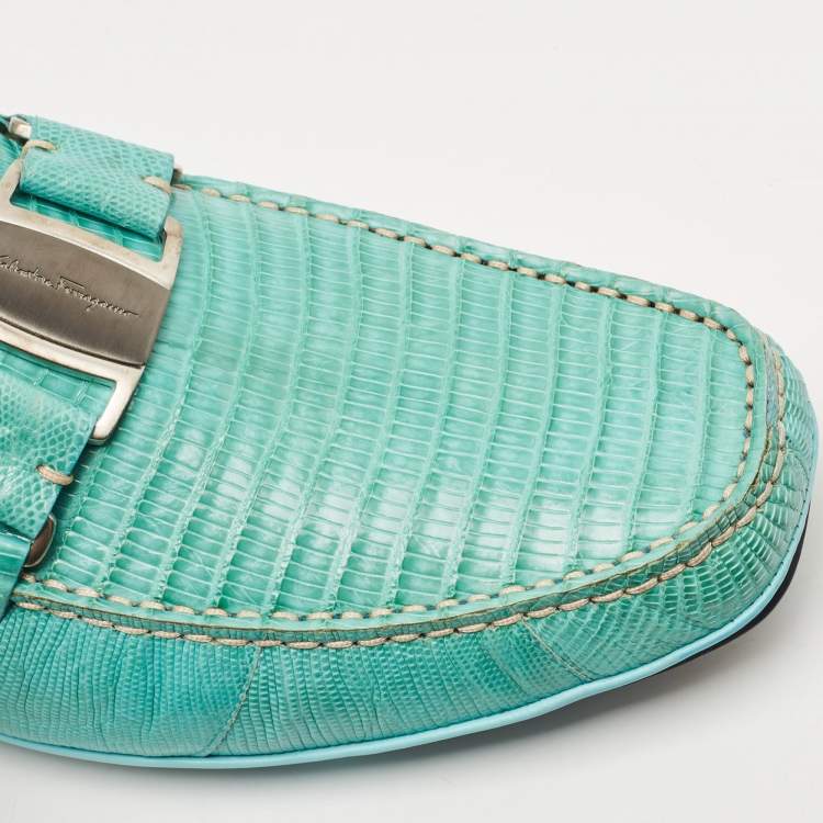 Pre Owned Salvatore Ferragamo Light Blue Lizard Sardegna Loafers Size 43