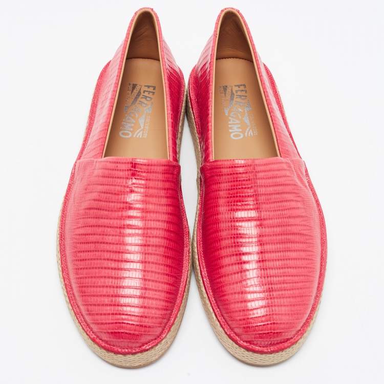 Pre Owned Salvatore Ferragamo Red Lizard Leather Lampedusa Slip-On Espadrilles Size 43.5