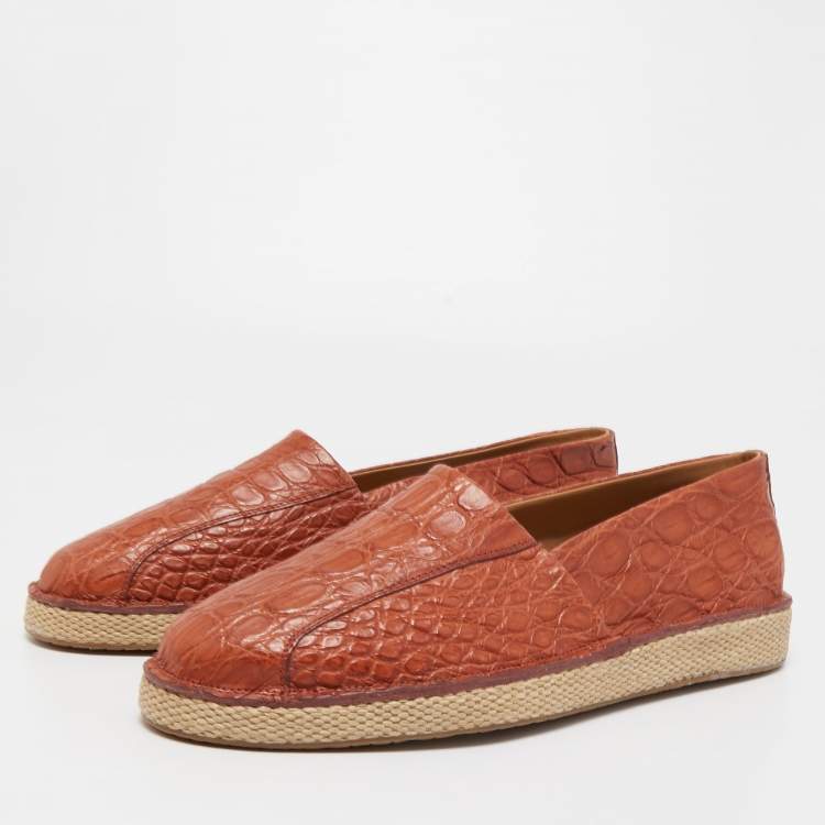 Pre Owned Salvatore Ferragamo Brown Croc Leather Lampedusa Slip On Espadrilles Size 44.5