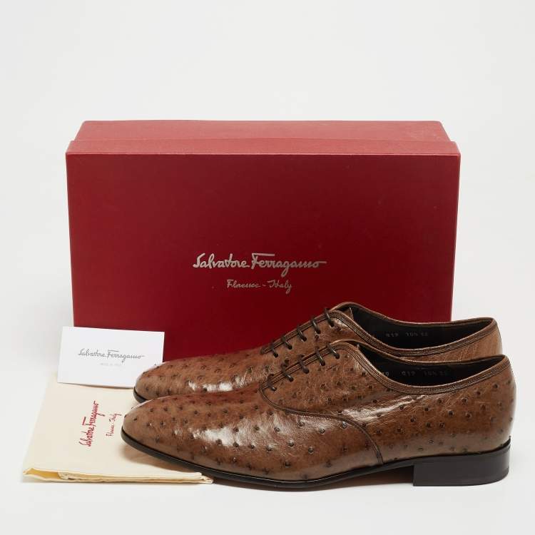 Pre Owned Salvatore Ferragamo Brown Ostrich Gris Oxfords Size 44.5