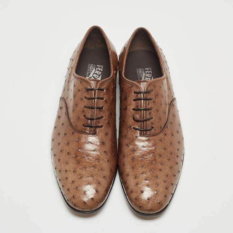 Pre Owned Salvatore Ferragamo Brown Ostrich Gris Oxfords Size 44.5