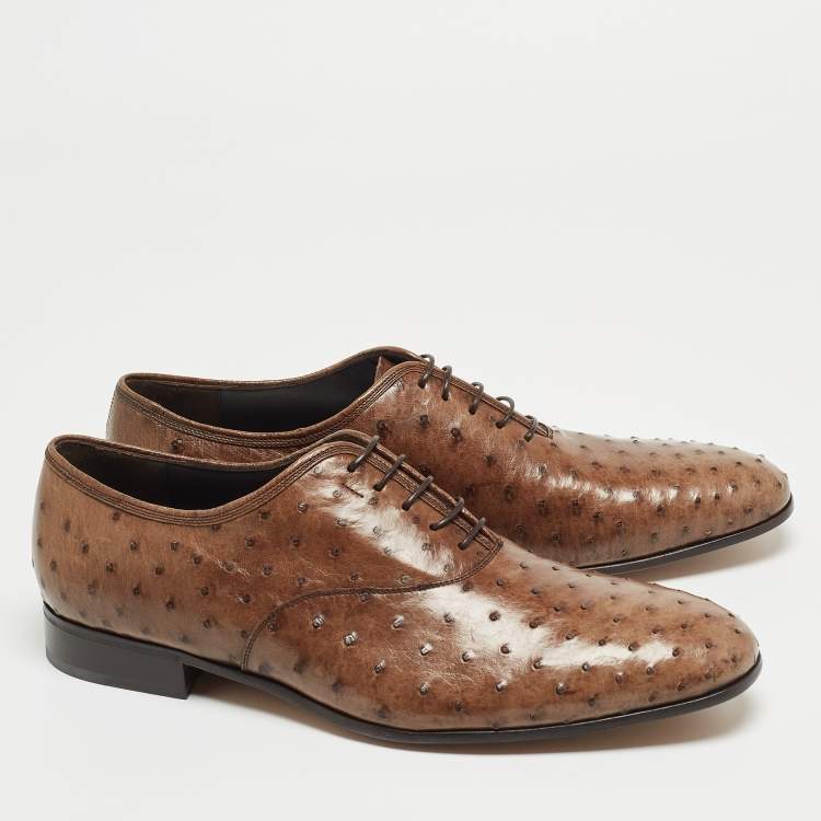 Pre Owned Salvatore Ferragamo Brown Ostrich Gris Oxfords Size 44.5