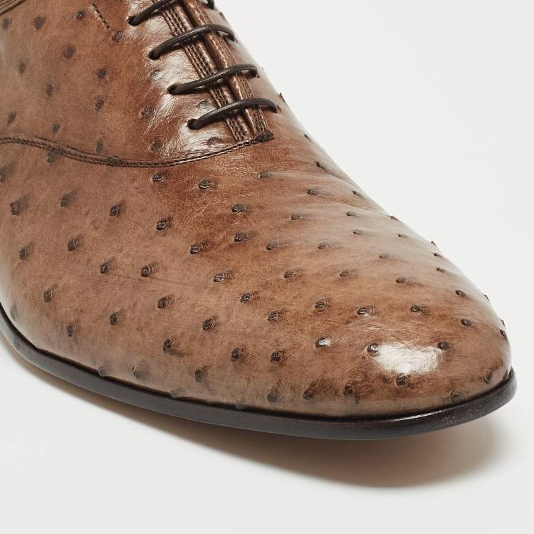 Pre Owned Salvatore Ferragamo Brown Ostrich Gris Oxfords Size 44.5
