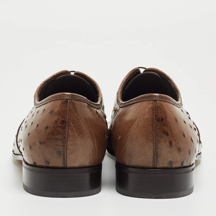 Pre Owned Salvatore Ferragamo Brown Ostrich Gris Oxfords Size 44.5