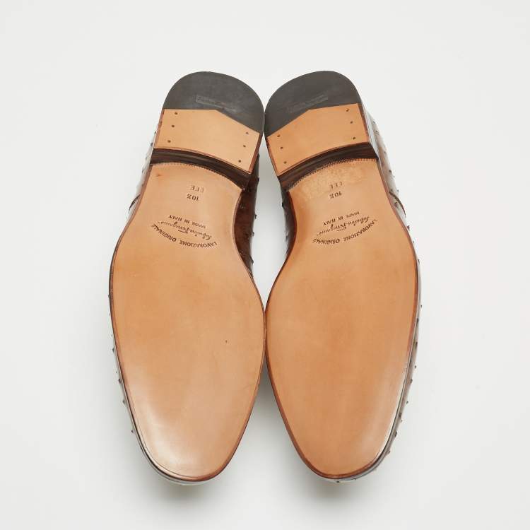 Pre Owned Salvatore Ferragamo Brown Ostrich Gris Oxfords Size 44.5