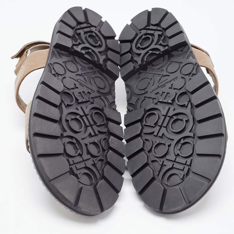 Pre Owned Salvatore Ferragamo Beige Embossed Leather Notorius Flat Sandals Size 44