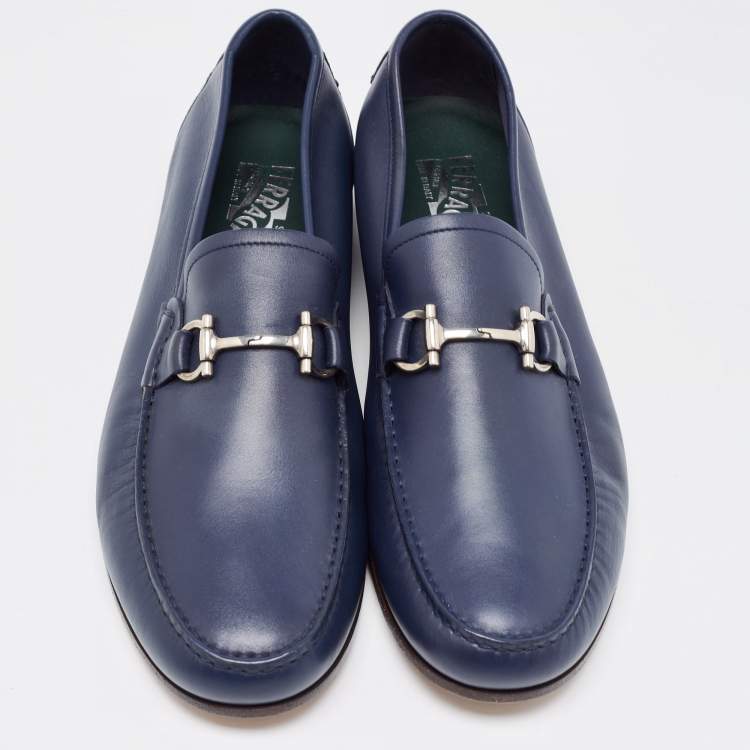 Pre Owned Salvatore Ferragamo Navy Blue Leather Giordano Loafers Size 45