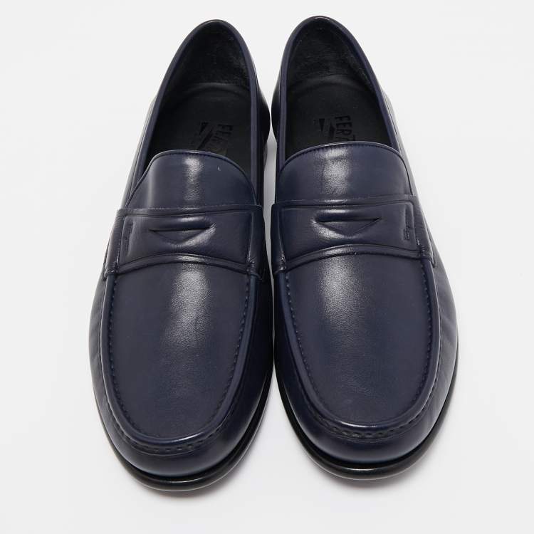 Pre Owned Salvatore Ferragamo Navt Blue Leather Connor Slip On Loafers Size 45