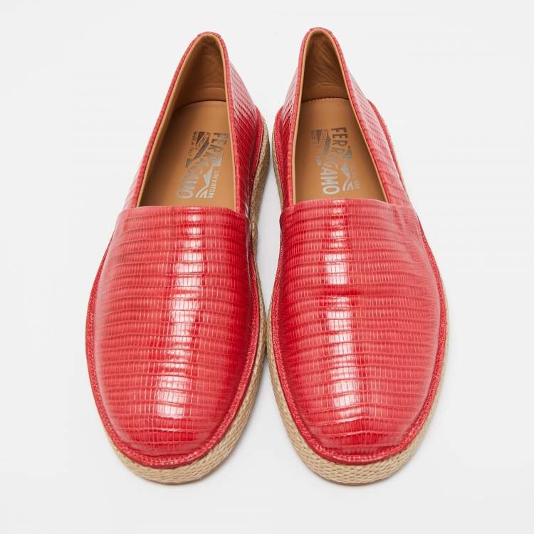 Pre Owned Salvatore Ferragamo Red Lizard Leather Slip On Espadrille Size 42