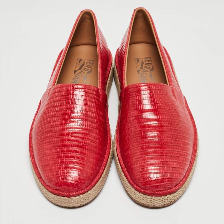 Pre Owned Salvatore Ferragamo Red Lizard Leather Lampedusa Slip-On Espadrilles Size 43