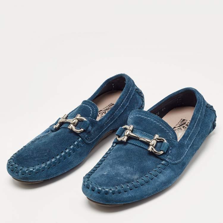 Pre Owned Salvatore Ferragamo Blue Suede Gancini Loafers Size 40.5