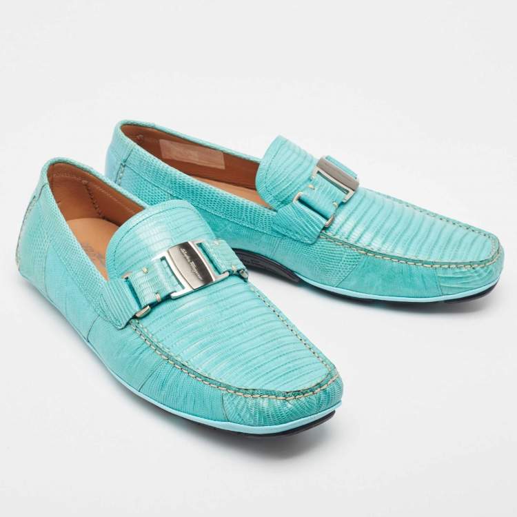 Pre Owned Salvatore Ferragamo Mint Green Lizard Sardegna Loafers Size 44