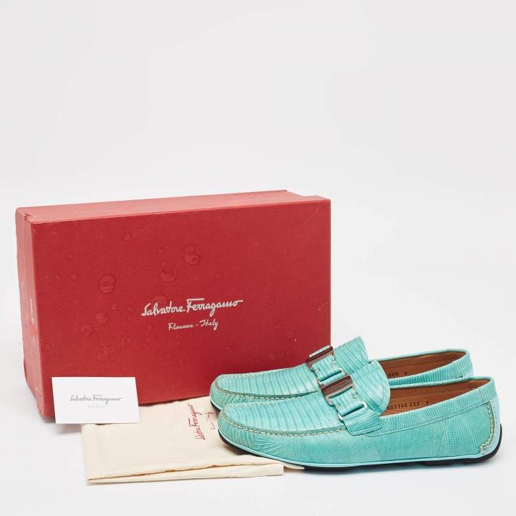 Pre Owned Salvatore Ferragamo Aqua Green Lizard Sardegna Loafers Size 43
