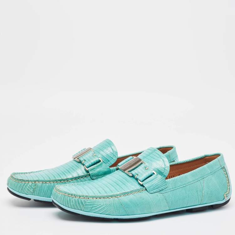 Pre Owned Salvatore Ferragamo Aqua Green Lizard Sardegna Loafers Size 43