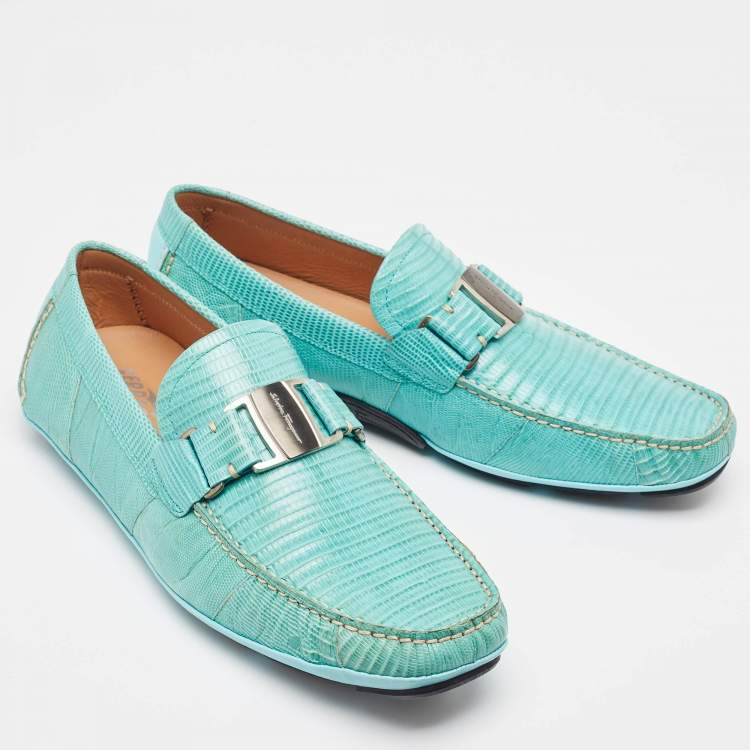 Pre Owned Salvatore Ferragamo Aqua Green Lizard Sardegna Loafers Size 43