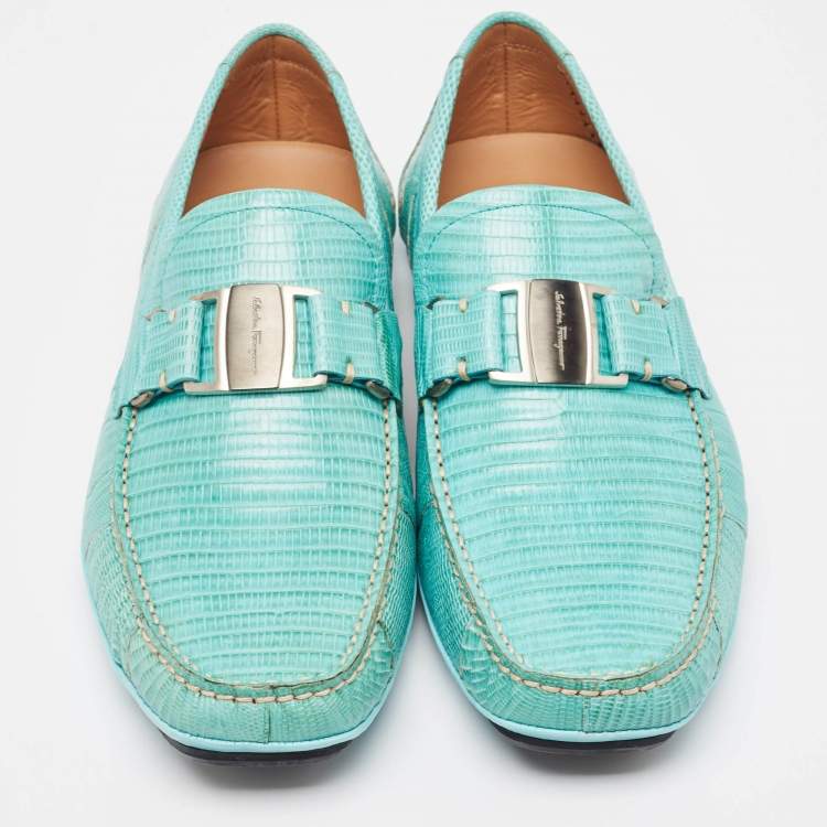 Pre Owned Salvatore Ferragamo Aqua Green Lizard Sardegna Loafers Size 43
