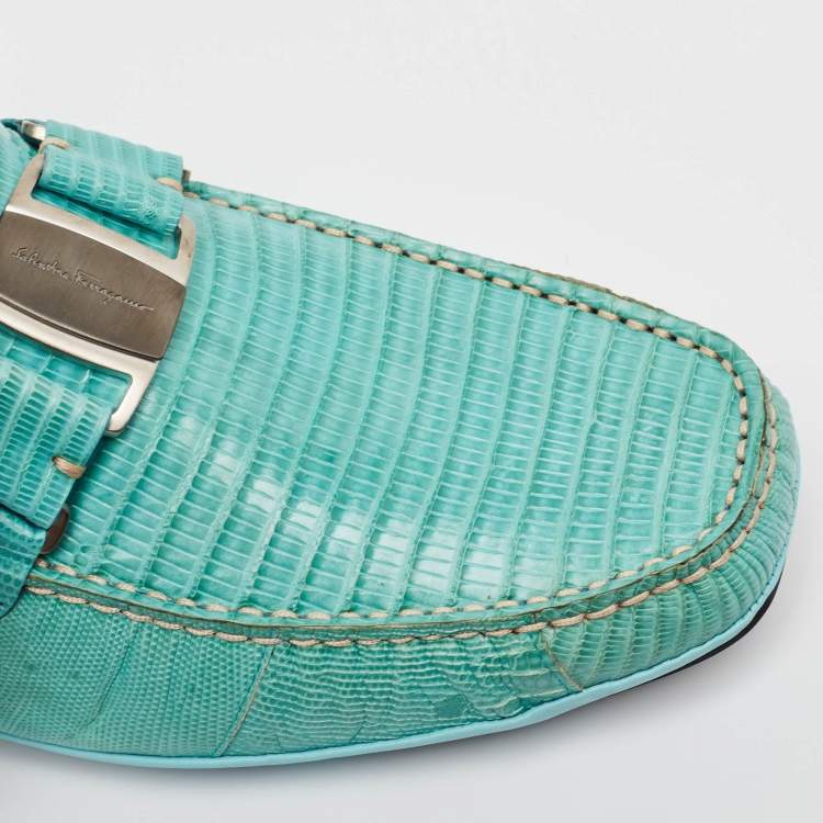 Pre Owned Salvatore Ferragamo Aqua Green Lizard Sardegna Loafers Size 43