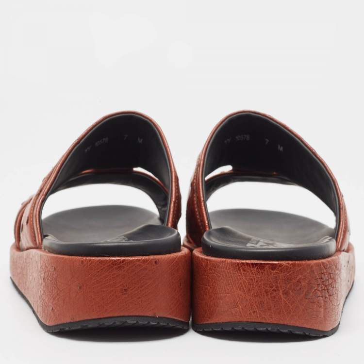 Pre Owned Salvatore Ferragamo Brown Ostrich Lutfi Platform Slides Size 41