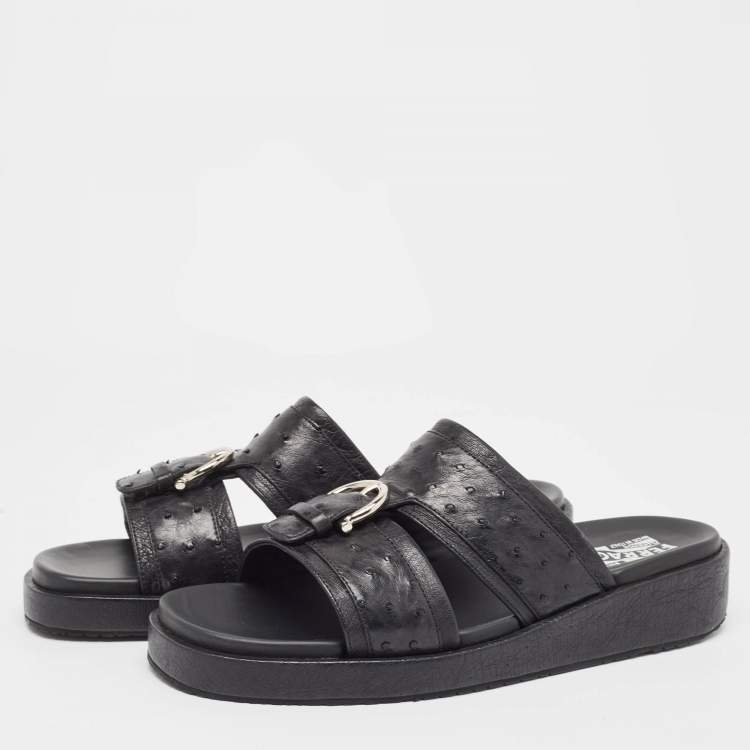 Pre Owned Salvatore Ferragamo Black Ostrich Lutfi Platform Slides Size 41.5