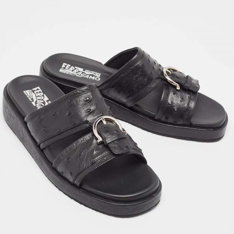 Pre Owned Salvatore Ferragamo Black Ostrich Lutfi Platform Slides Size 41.5