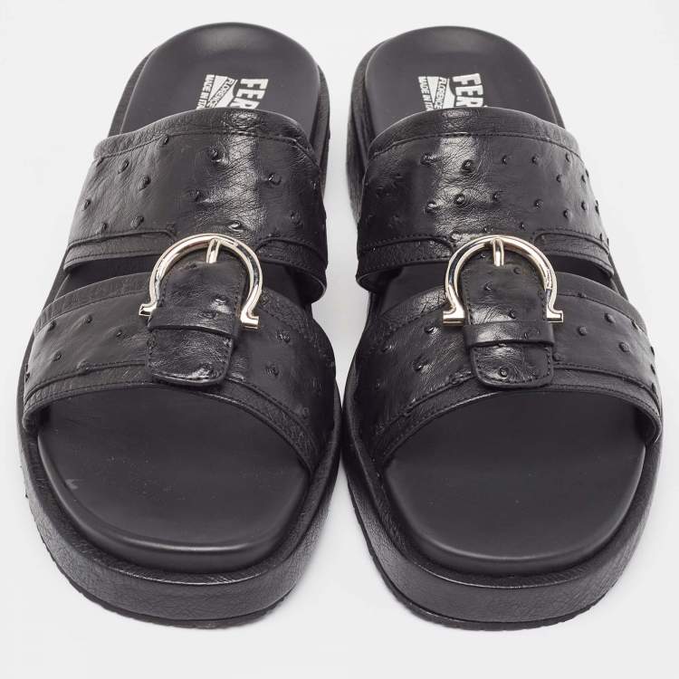 Pre Owned Salvatore Ferragamo Black Ostrich Lutfi Platform Slides Size 41.5