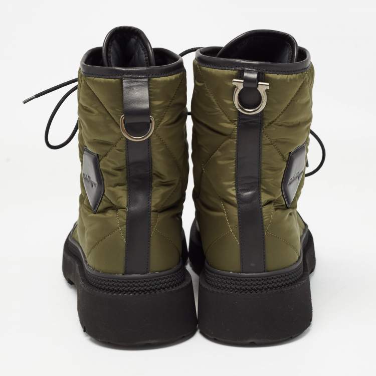 Pre Owned Salvatore Ferragamo Green/Black Nylon and Leather Rally Combat Boots Size 44