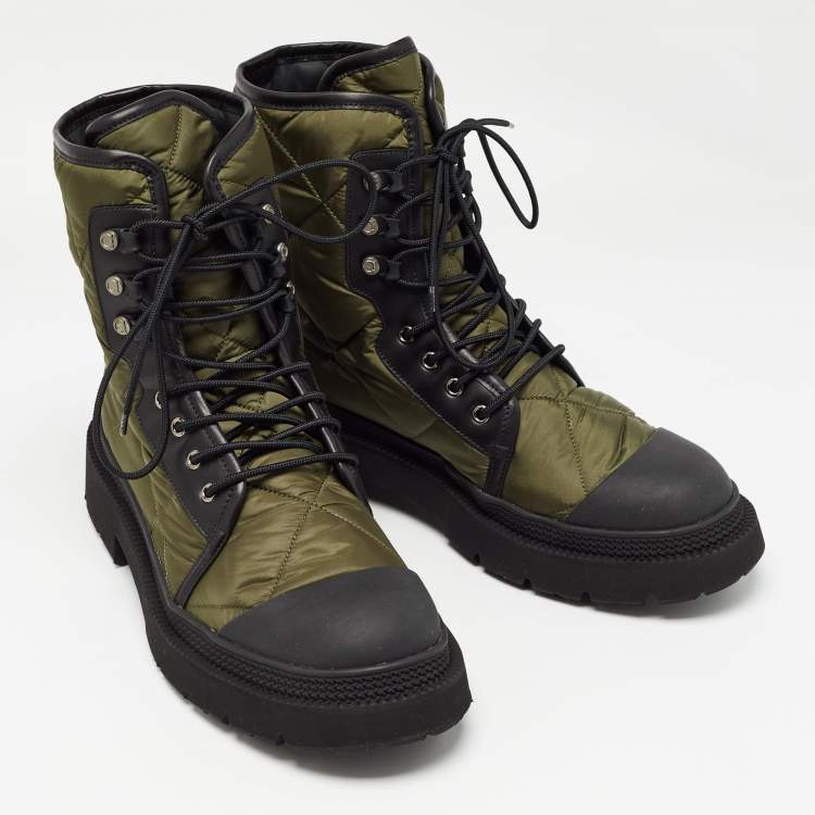 Pre Owned Salvatore Ferragamo Green/Black Nylon and Leather Rally Combat Boots Size 44