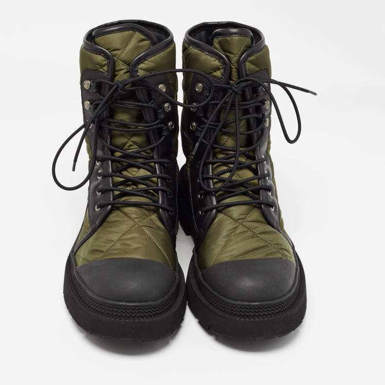 Pre Owned Salvatore Ferragamo Green/Black Nylon and Leather Rally Combat Boots Size 44