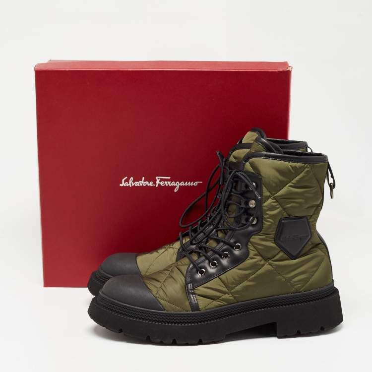 Pre Owned Salvatore Ferragamo Green/Black Nylon and Leather Rally Combat Boots Size 44