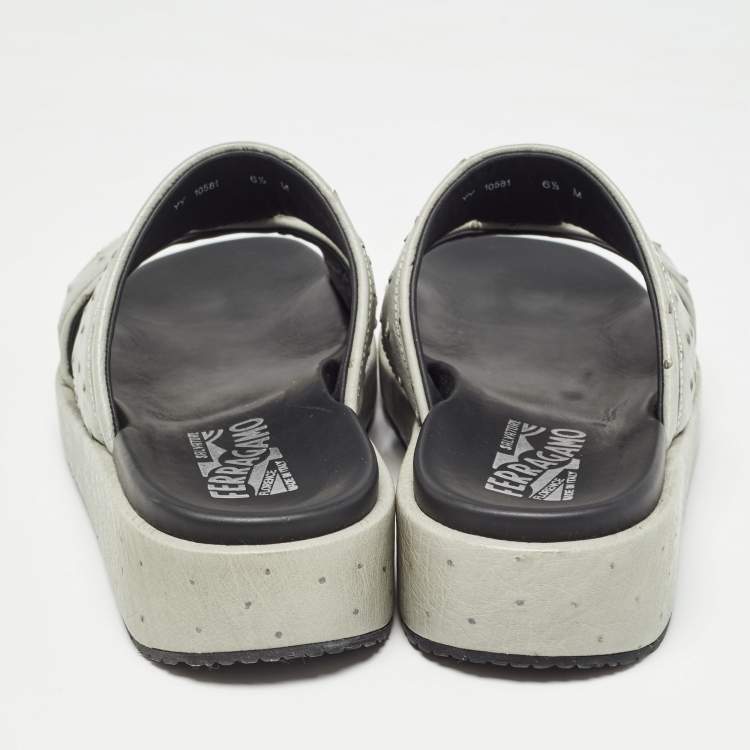 Pre Owned Salvatore Ferragamo Grey Ostrich Lutfi Platform Slides Size 40.5