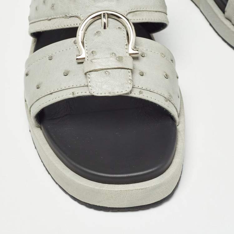 Pre Owned Salvatore Ferragamo Grey Ostrich Lutfi Platform Slides Size 40.5