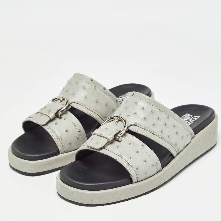 Pre Owned Salvatore Ferragamo Grey Ostrich Lutfi Platform Slides Size 40.5