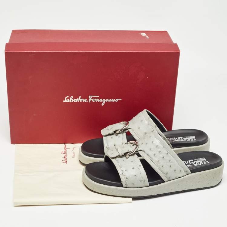 Pre Owned Salvatore Ferragamo Grey Ostrich Lutfi Platform Slides Size 40.5