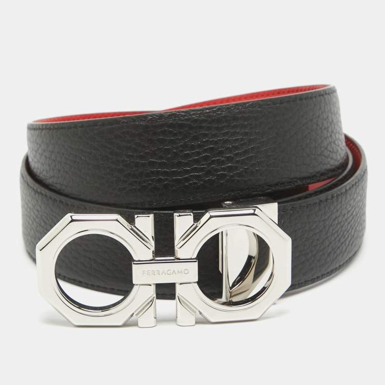 Pre Owned Salvatore Ferragamo Black/Red Leather Reversible Gancini Belt Cut to Size 