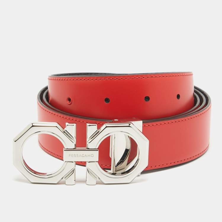Pre Owned Salvatore Ferragamo Black/Red Leather Reversible Gancini Belt Cut to Size 