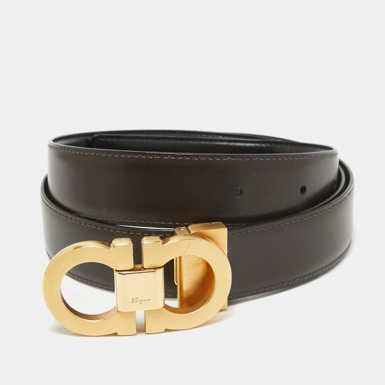 Pre Owned Salvatore Ferragamo Black/Dark Brown Leather Gancini Cut to Size Reversible Belt