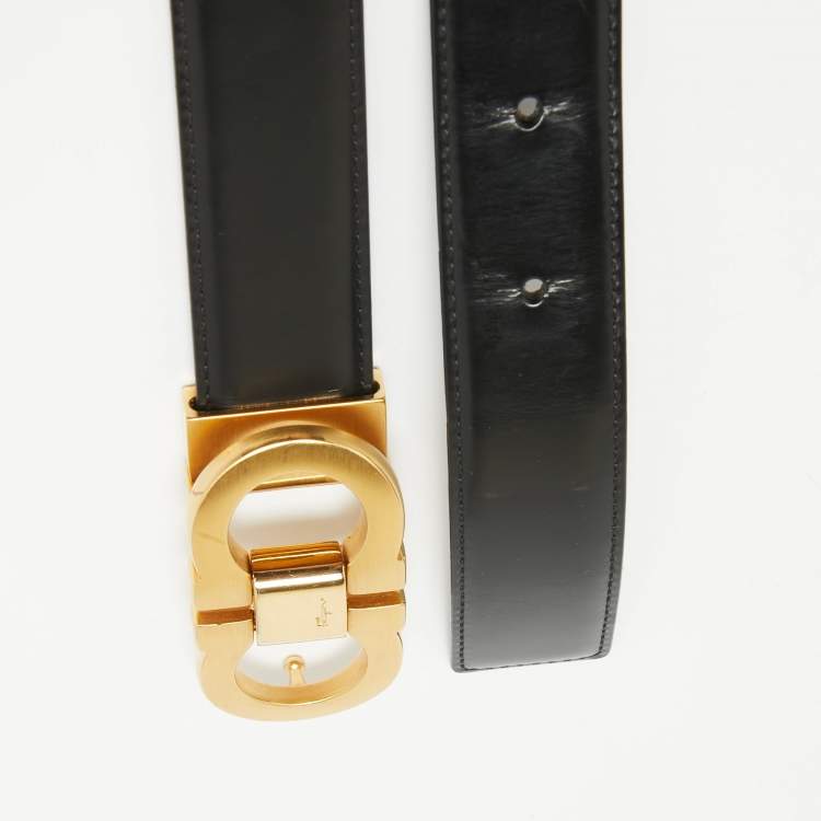 Pre Owned Salvatore Ferragamo Black/Dark Brown Leather Gancini Cut to Size Reversible Belt