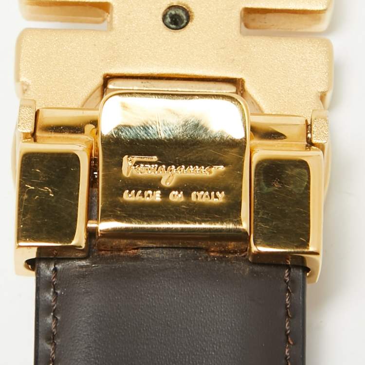 Pre Owned Salvatore Ferragamo Black/Dark Brown Leather Gancini Cut to Size Reversible Belt