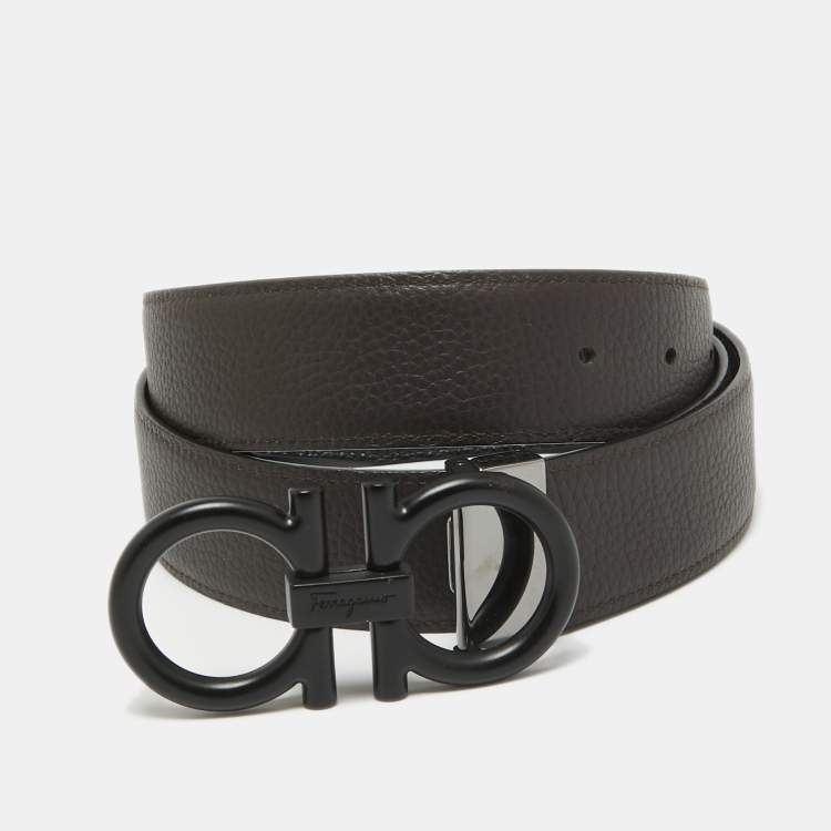 Pre Owned Salvatore Ferragamo Black/Dark Brown Leather Gancini Reversible Cut to Size Belt 