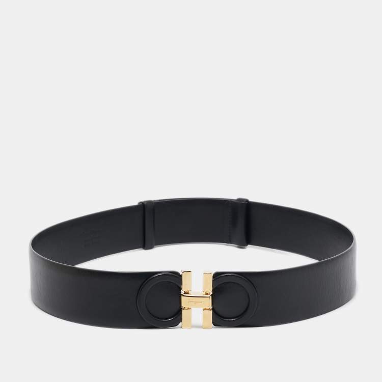 Pre Owned Salvatore Ferragamo Black Leather Gancini Buckle Belt 70CM